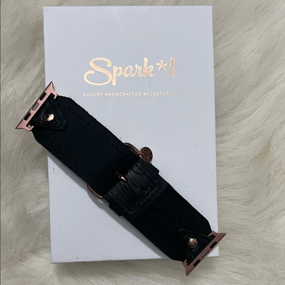 Spark*l Black Leather Apple Watch Band with Rose Gold Hardware- Size 2, Large 🍎 - Picture 2 of 4